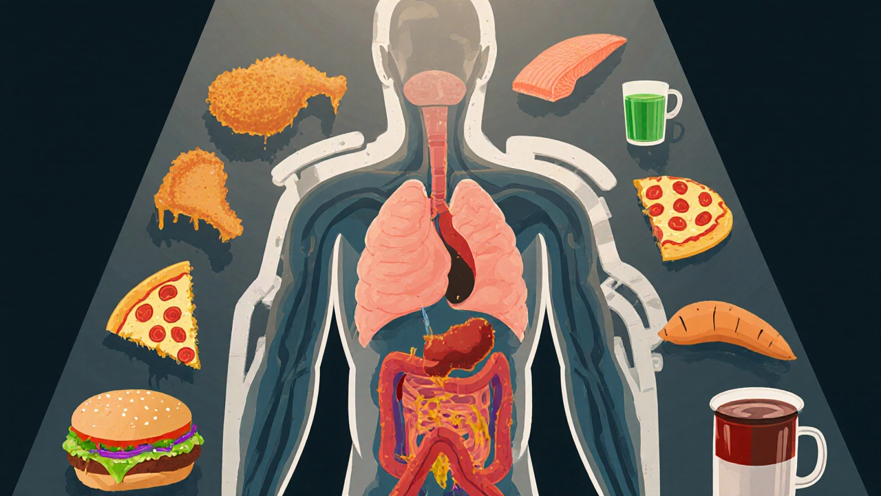 Человеческое тело как машина с забитыми сосудами, вокруг — жирная еда и зеленые продукты, свет исходит от полезной пищи.