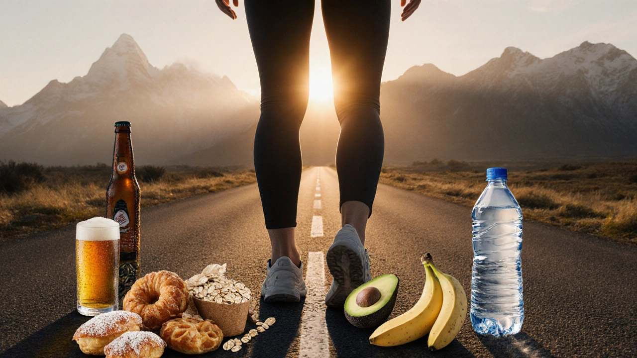 Человек на перекрестке: один путь — сладости и пиво, другой — овсянка, бананы и вода, за ним — рассвет.