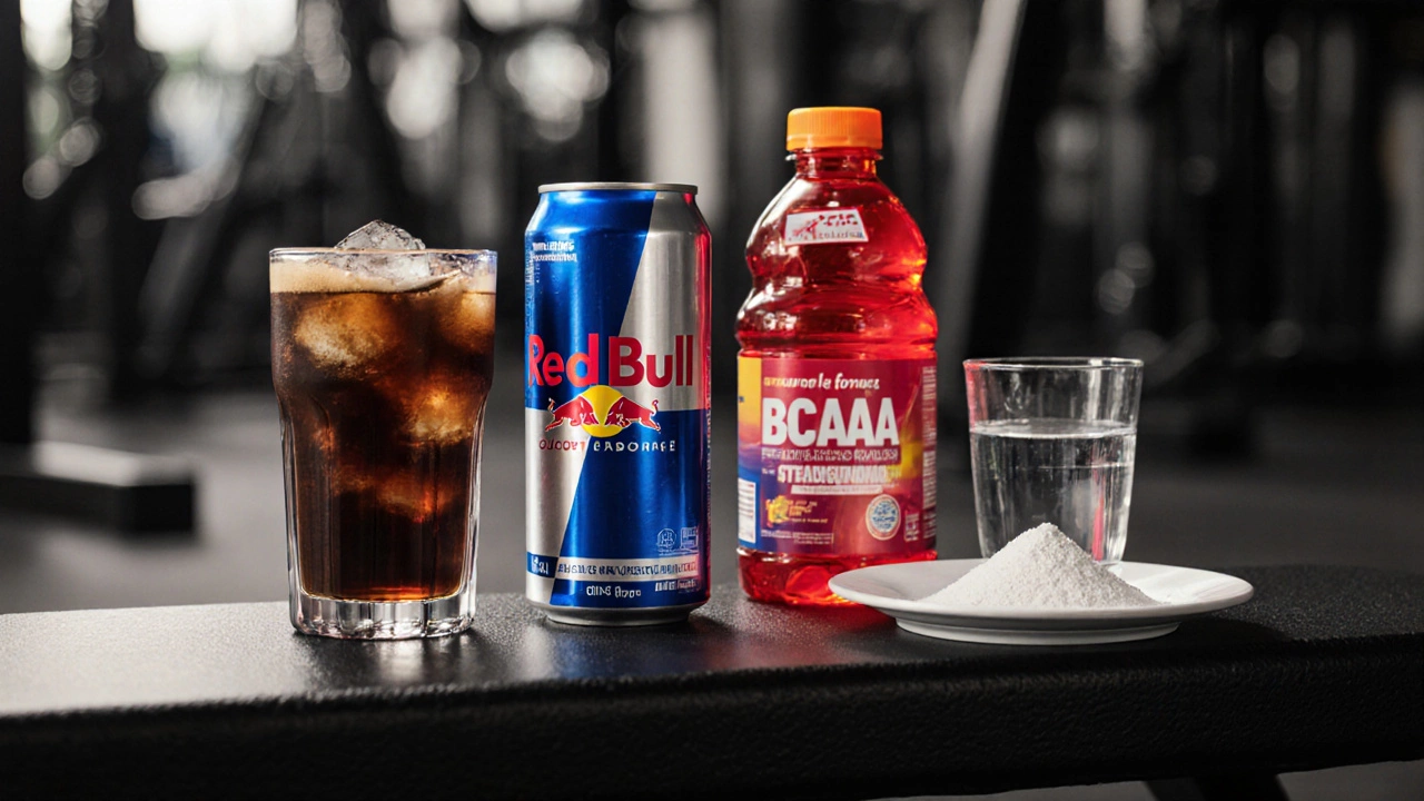 Фотомонтаж: кофе, Red Bull, Gatorade, BCAA и креатин на гимнастическом скамейке.