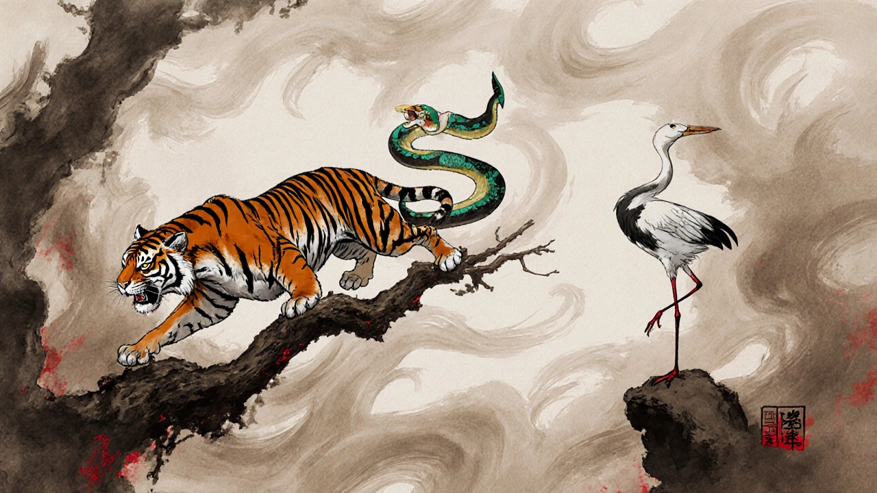 Мифические образы тигра, змеи и журавля в стиле китайской каллиграфии, символизирующие разные стили кунг-фу.