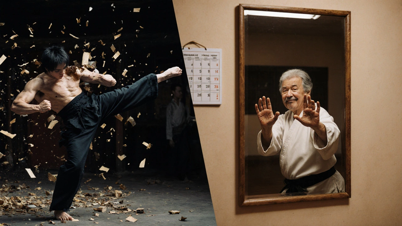 Сравнение кинематографичного кунг-фу и реальной тренировки: пожилая женщина практикует удары в скромном зале.