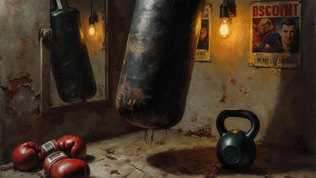 Тренировка Тайсона: тяжёлый мешок, гиря, зеркало — атмосфера упорной работы.