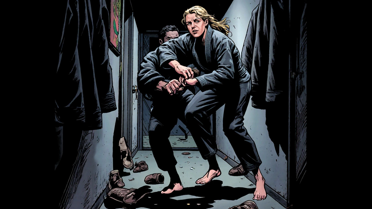 Женщина использует джиу-джитсу, чтобы вырваться из хвата за волосы в подъезде.