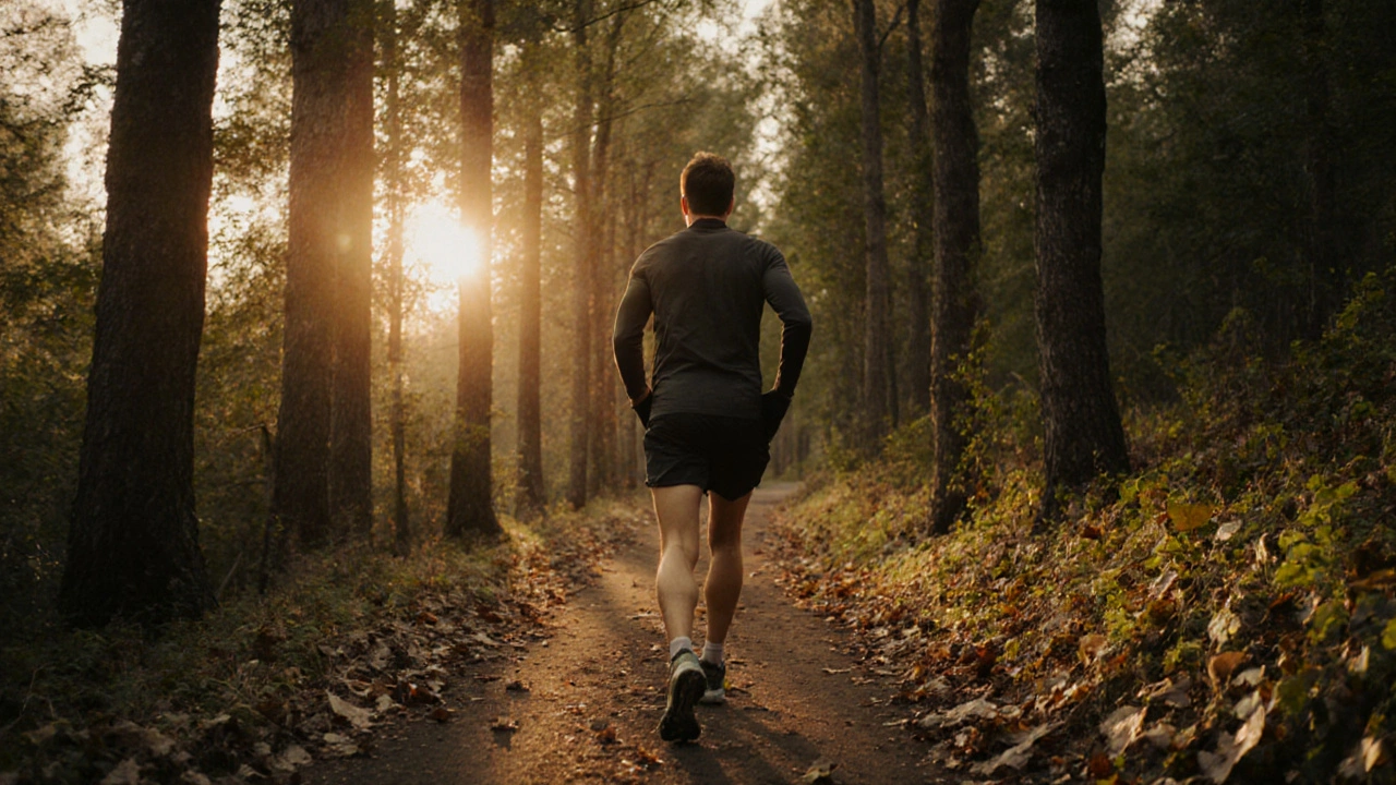Бегун медленно идет по лесу на закате, без часов и наушников, в полной тишине.