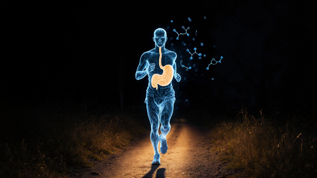 Бегун на дистанции с визуализацией аминокислот, исходящих от яйца в мышцы.