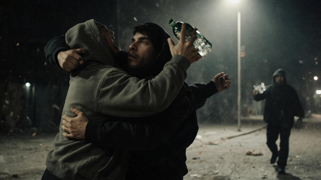 Человек вырывается из удушения, цепляясь за лицо нападающего, другой человек с бутылкой приближается.