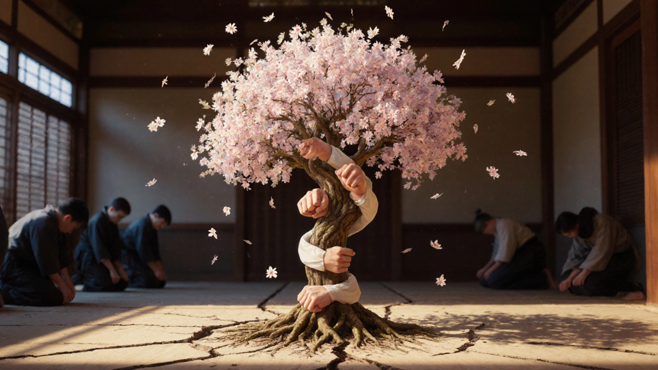 Дерево с корнями из ударов растёт из пола додзё, символизируя дисциплину.