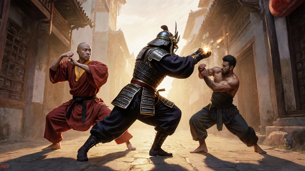 Китайский монах, японский самурай и бразильский боец в исторических одеждах, представляющие разные боевые традиции.