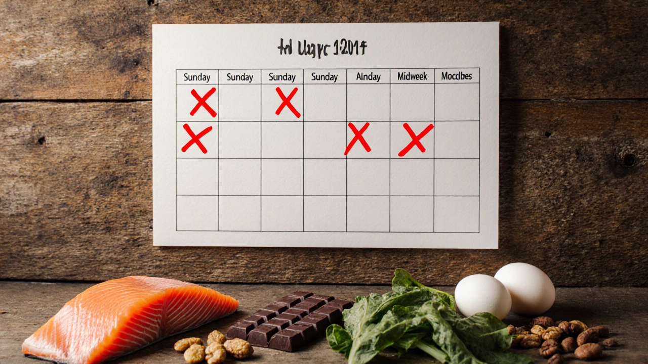 Недельный график тренировок с днями отдыха и здоровой едой на фоне деревянной стены.