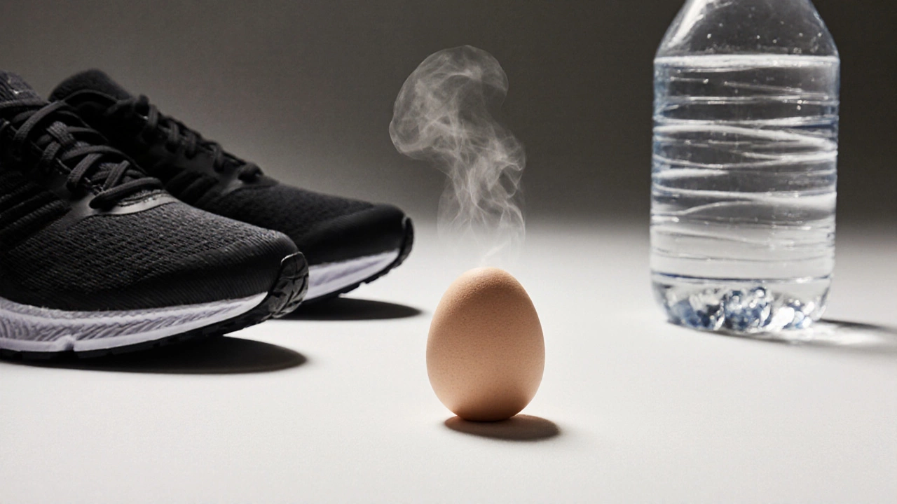 Одно варёное яйцо на белой поверхности рядом с кроссовками и бутылкой воды.