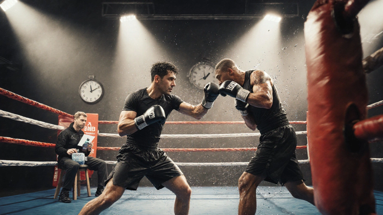 Опытный боксер в ринге уклоняется от удара и контратакует, тренер ждет на углу.