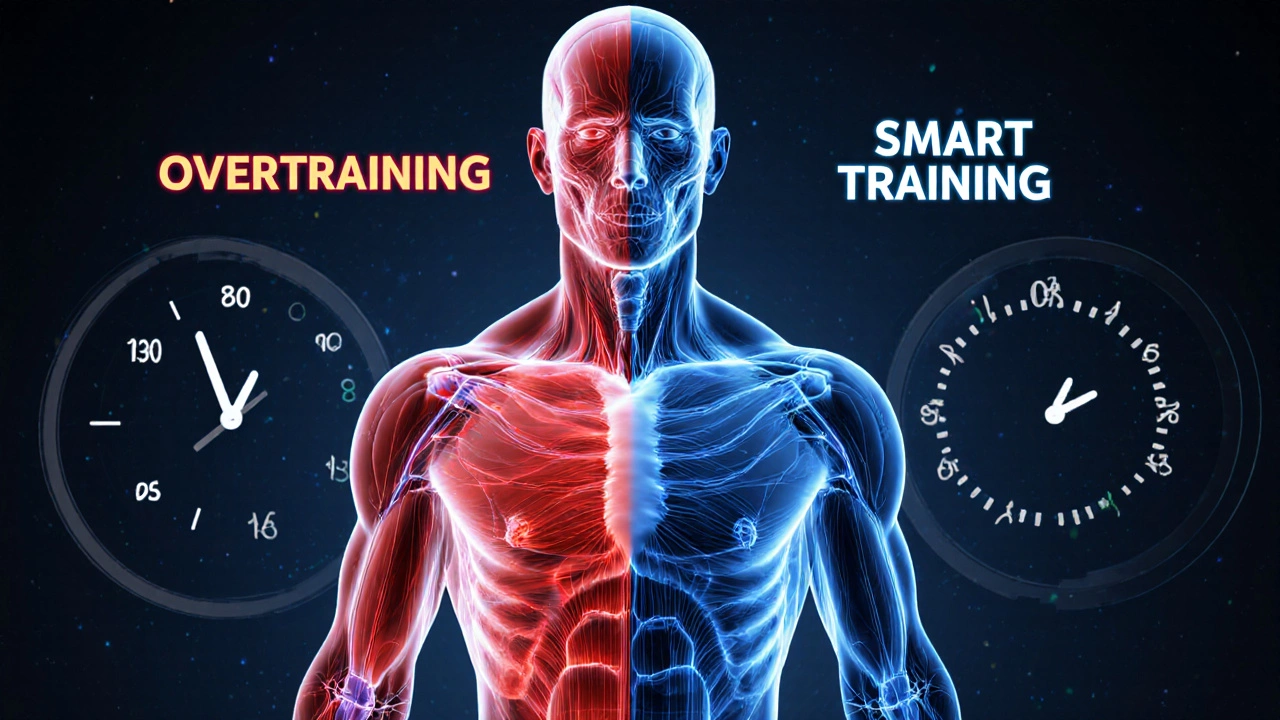 Прозрачное тело с визуализацией мышц и нервов: одна сторона — перетренированность, другая — баланс.