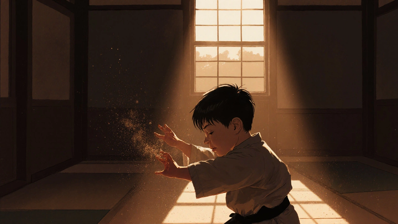 Ребёнок выполняет ката один в додзё, сосредоточенный и уставший, но не сдаётся.