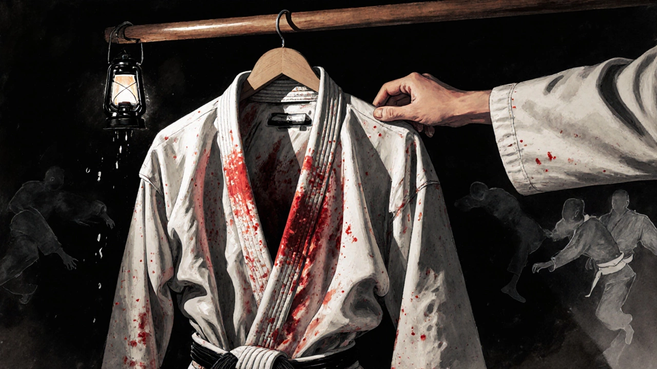 Рука аккуратно складывает чистое кимоно после ночной тренировки.