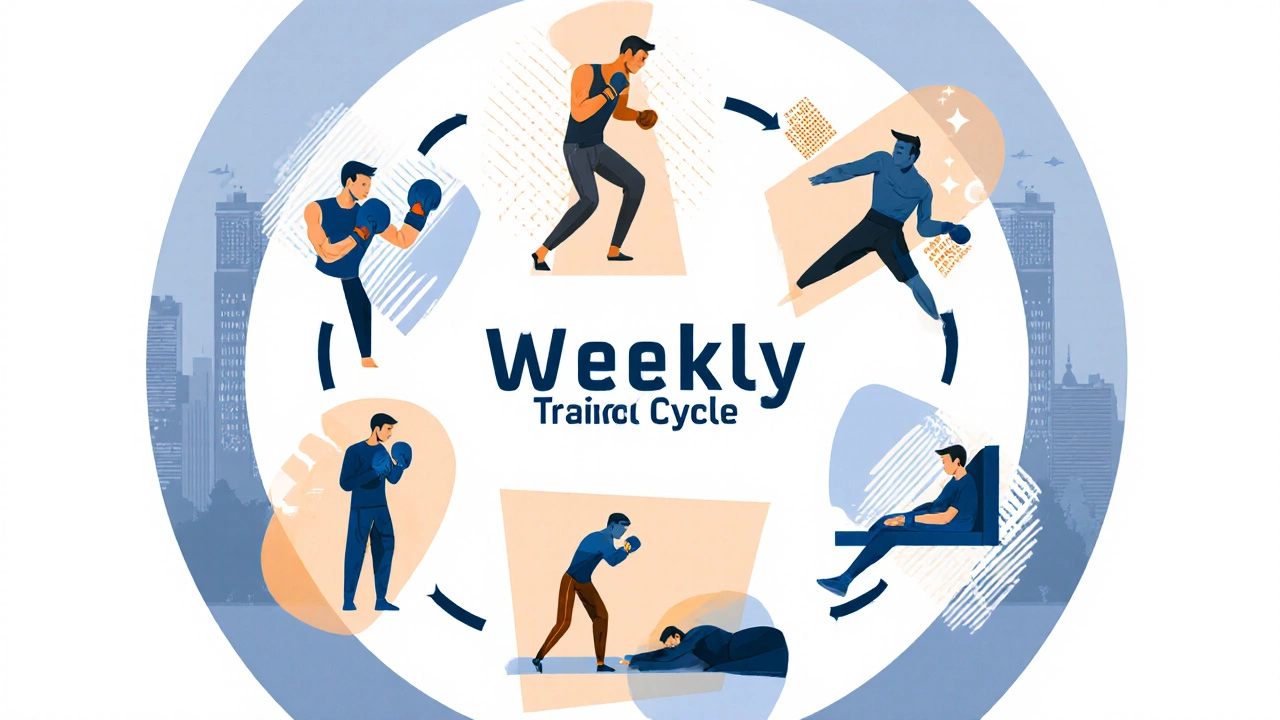 Схема недельного цикла тренировок: интенсивная, легкая техника, восстановление, отдых.