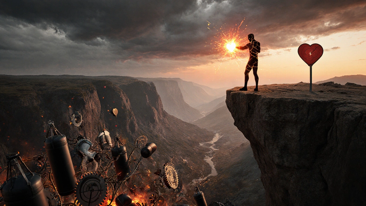 Силуэт человека из шестеренок и мышц стоит на краю пропасти, над ним светящийся удар.