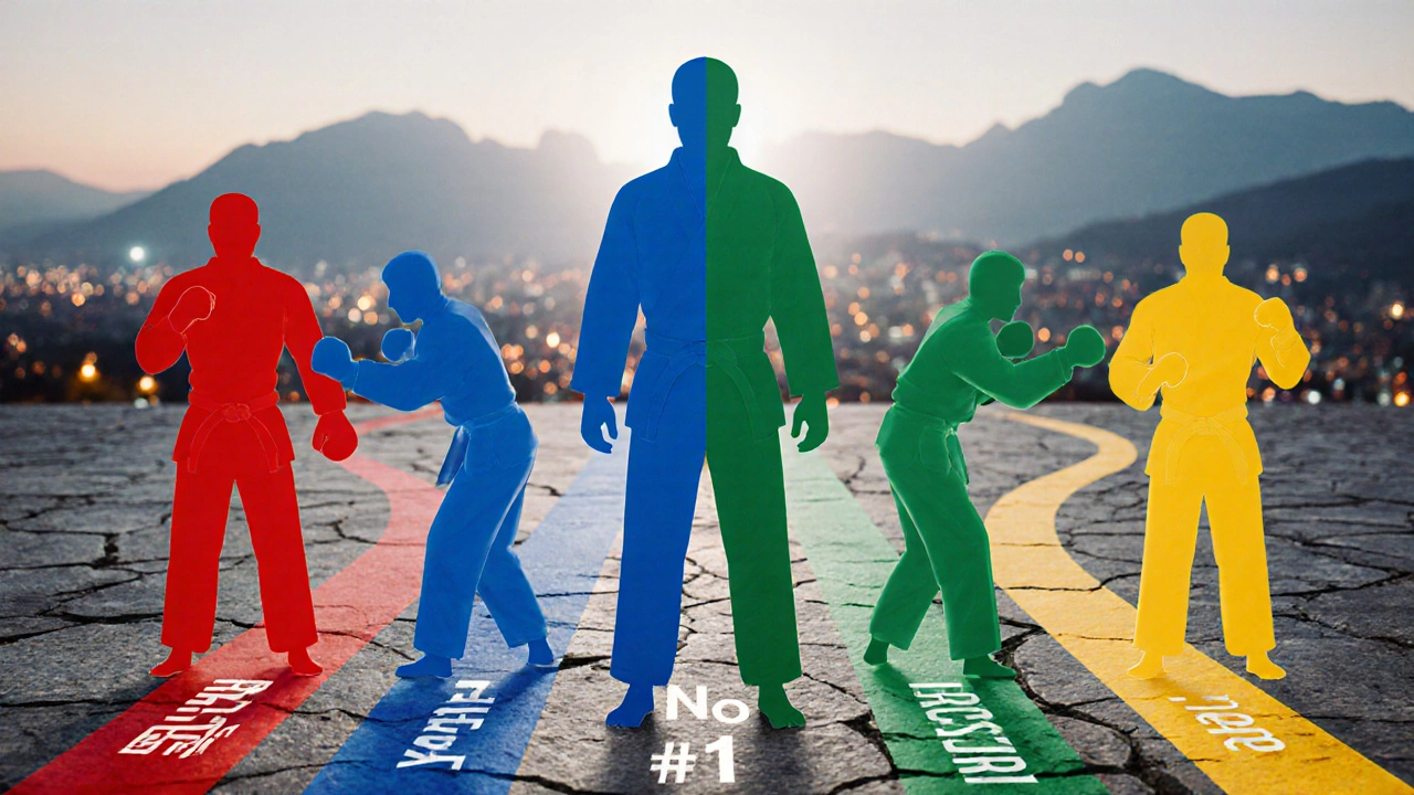 Силуэт человека, разделенный на цветные зоны, символизирующие бокс, джиу-джитсу, муай-тай и дзюдо, на фоне города и гор.