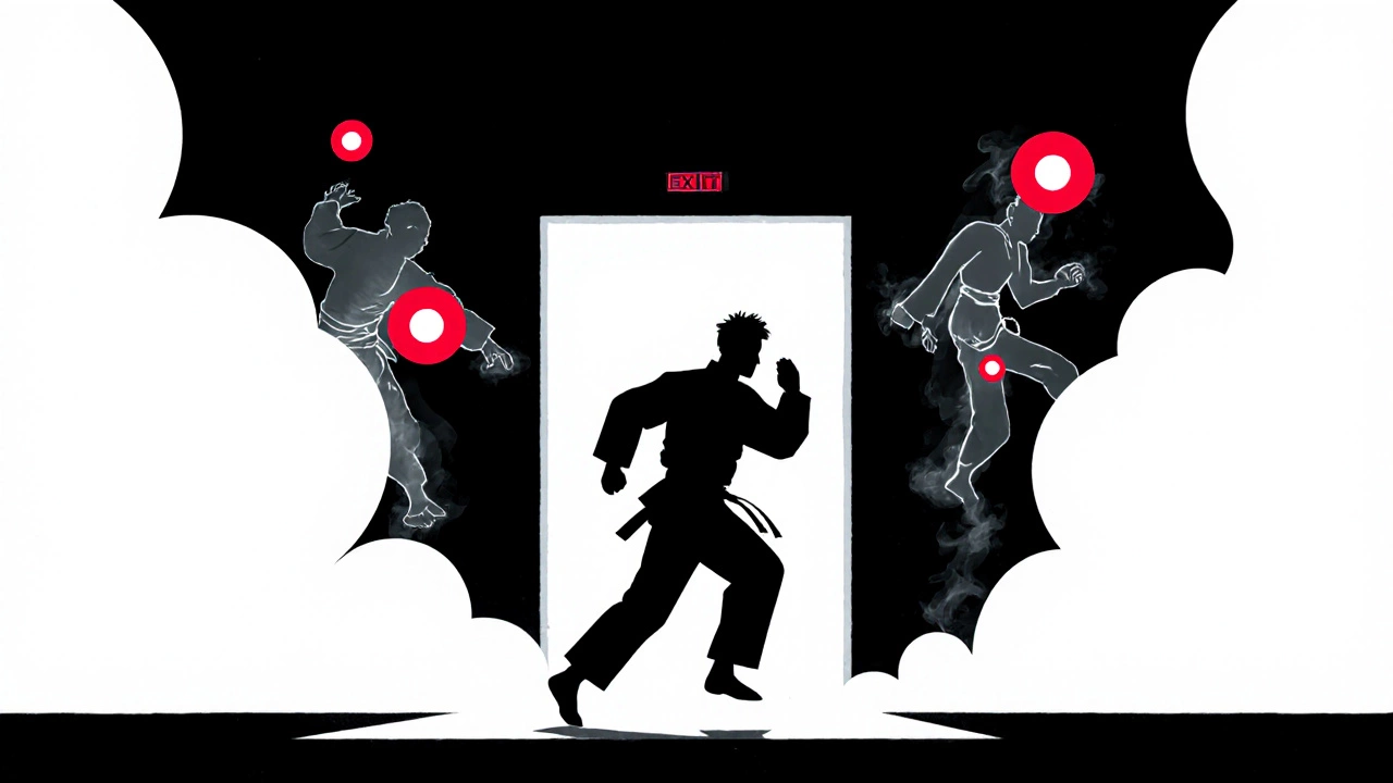Силуэт человека, убегающего от толпы, с подсвеченными уязвимыми точками на теле и растворяющимися техниками за спиной.