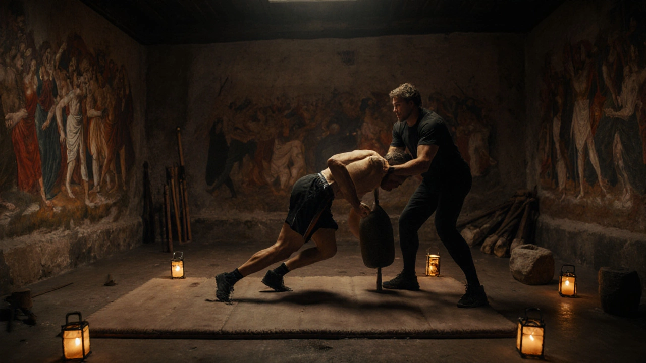 Современный зал панкратиона в Афинах: боец тренирует древний приём с тренером и мешком с песком.