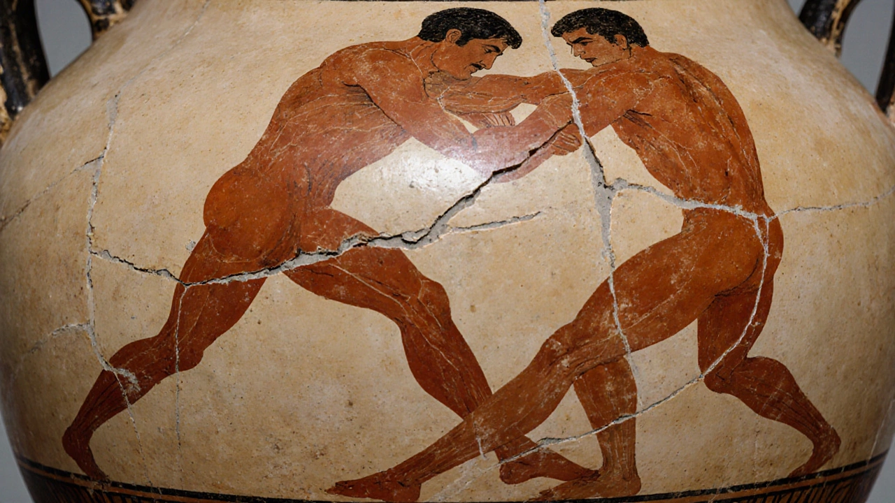 Старинная греческая ваза с краснофигурной живописью, изображающей бой панкратионистов в действии.