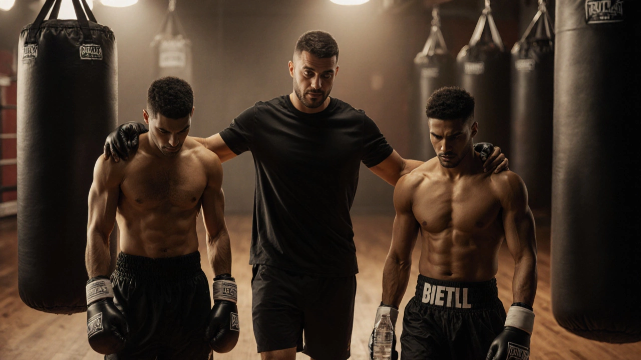 Тренер наблюдает за дыханием и осанкой боксера во время тренировки.