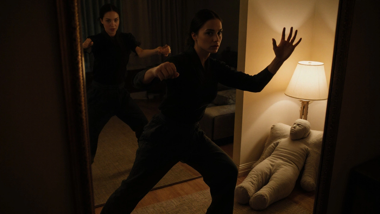 Женщина тренирует удары пальцами и коленом перед зеркалом с подушкой.