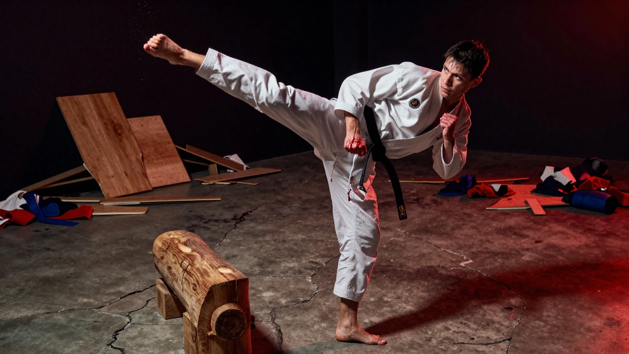 Боец кёкусин наносит удар по бревну без защиты, показывая силу и стойкость.