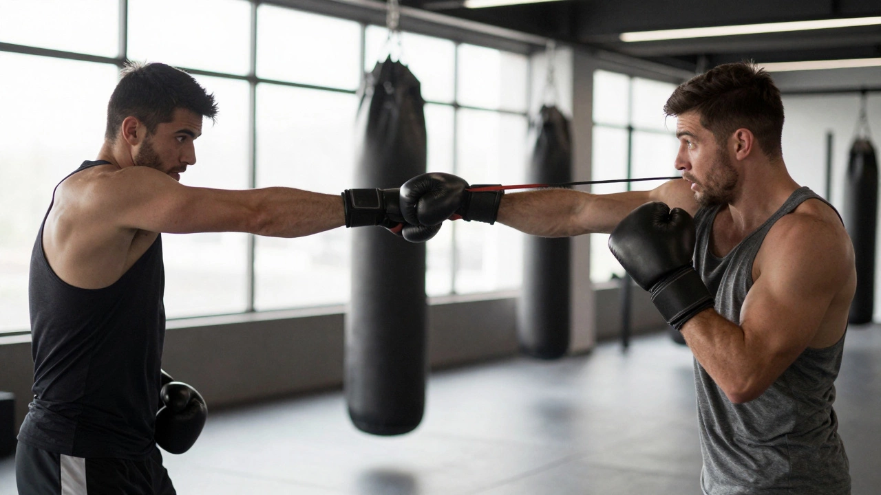 Боксер тренируется с резиновой лентой, один кадр — с сопротивлением, другой — без, демонстрируя ускорение.