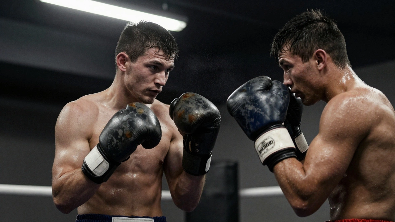 Боксеры в тренировочном зале, один стоит после удара, спокойно дышит, виден напряженный момент.