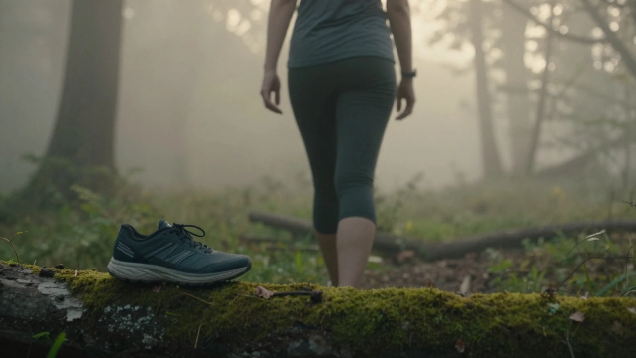 Человек медленно идёт по лесу на рассвете, обувь оставлена на пне, вокруг туман и мягкий свет.