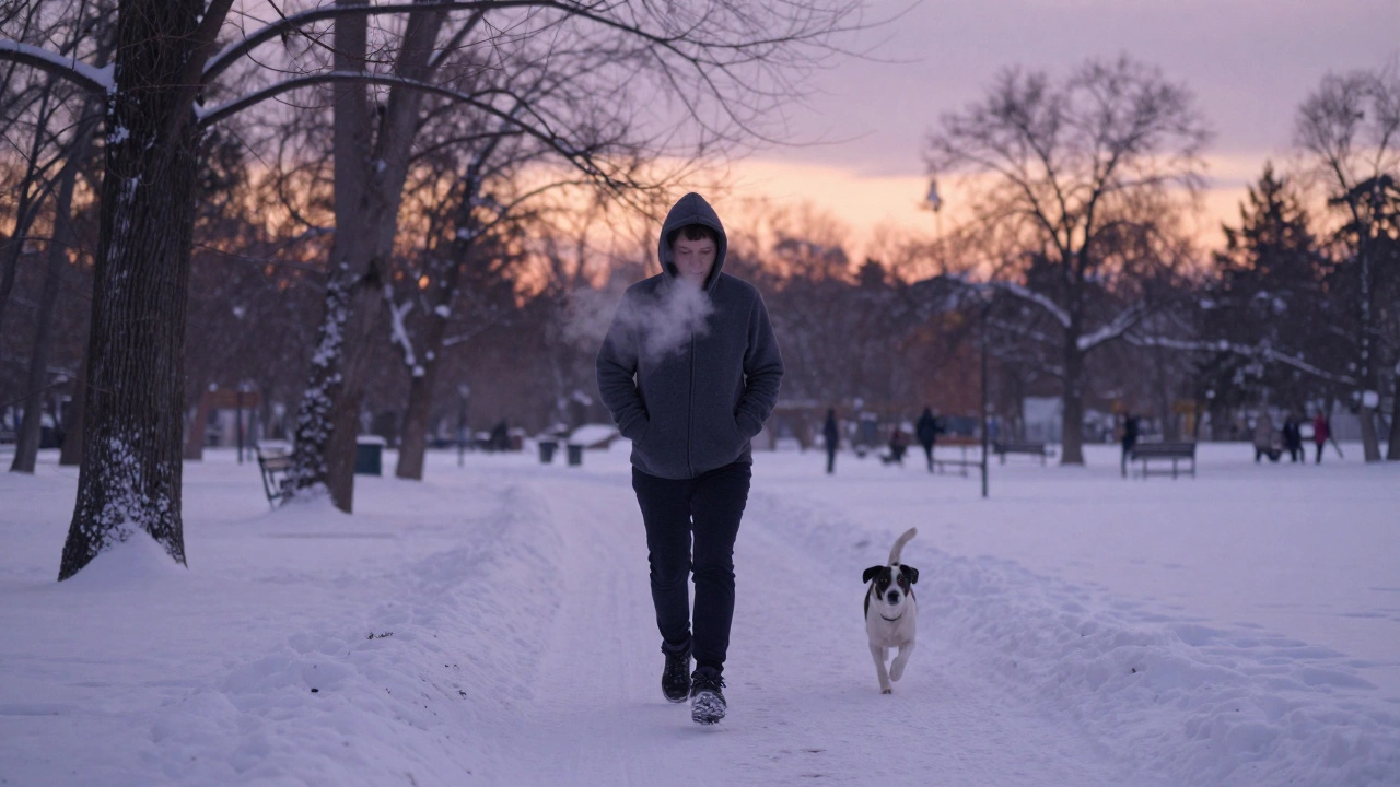 Человек медленно идёт по заснеженному парку на закате, без тренировочной экипировки, в спокойной атмосфере.