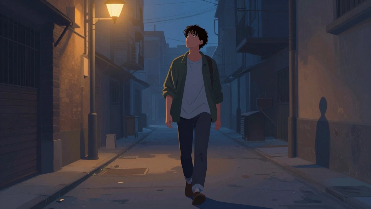 Человек спокойно идёт по тёмному переулку, чувствуя уверенность, несмотря на скрытую угрозу за спиной.