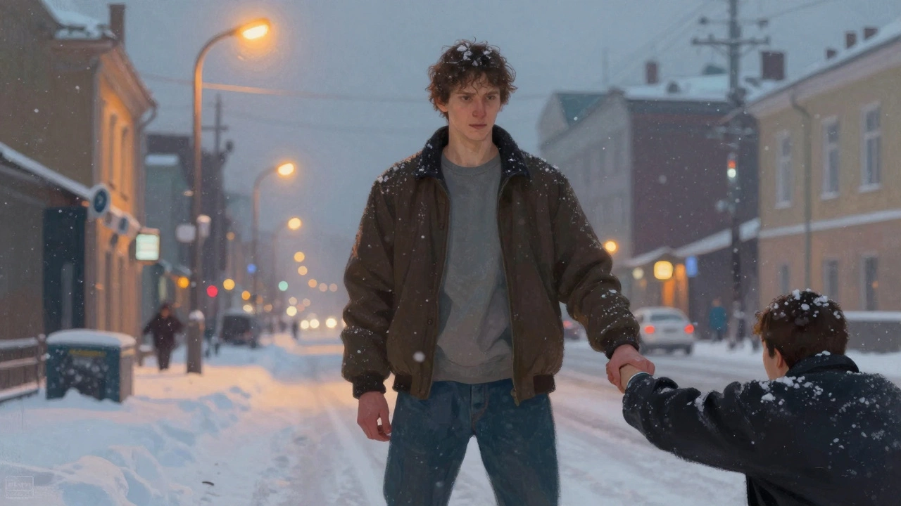 Человек спокойно контролирует агрессора на снегу, без оружия, атмосфера уверенности.