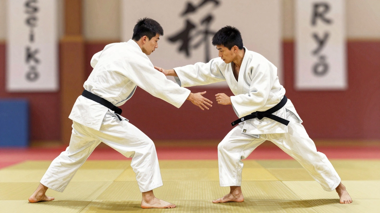 Два дзюдоиста в белых ги, один мягко перенаправляет движение другого без силы.