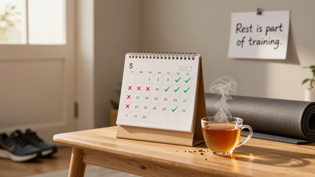 Календарь с отмеченными днями отдыха, чашка чая и коврик для йоги на фоне тёплого света.