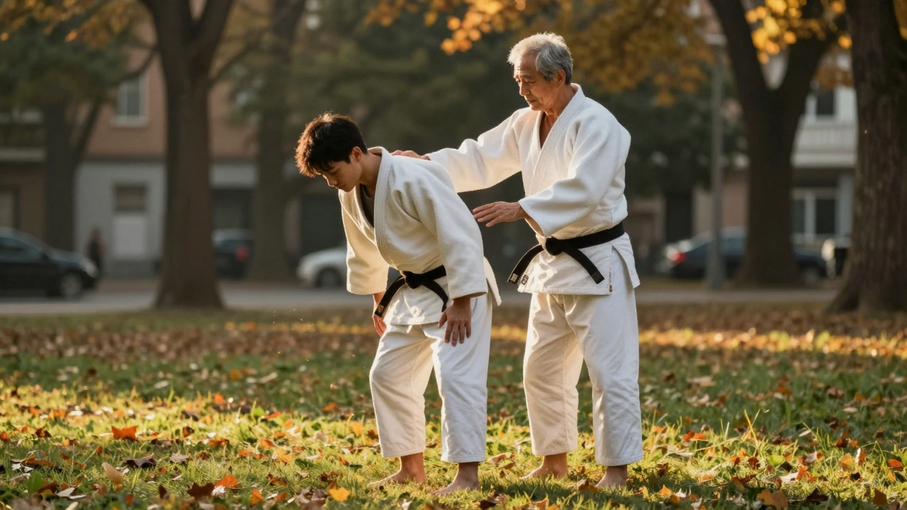 Пожилой мастер дзюдо мягко учит молодого человека балансу в парке на закате.