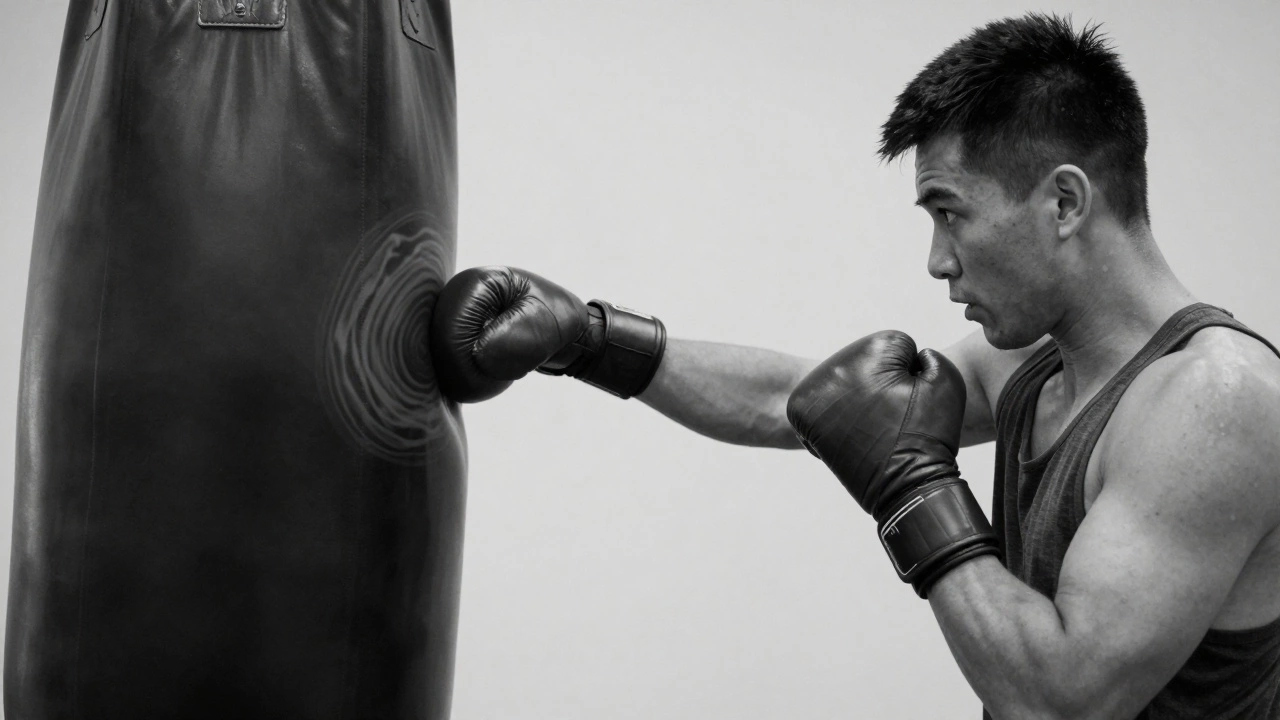 Руки в перчатках на мешке с видимыми следами точных ударов.