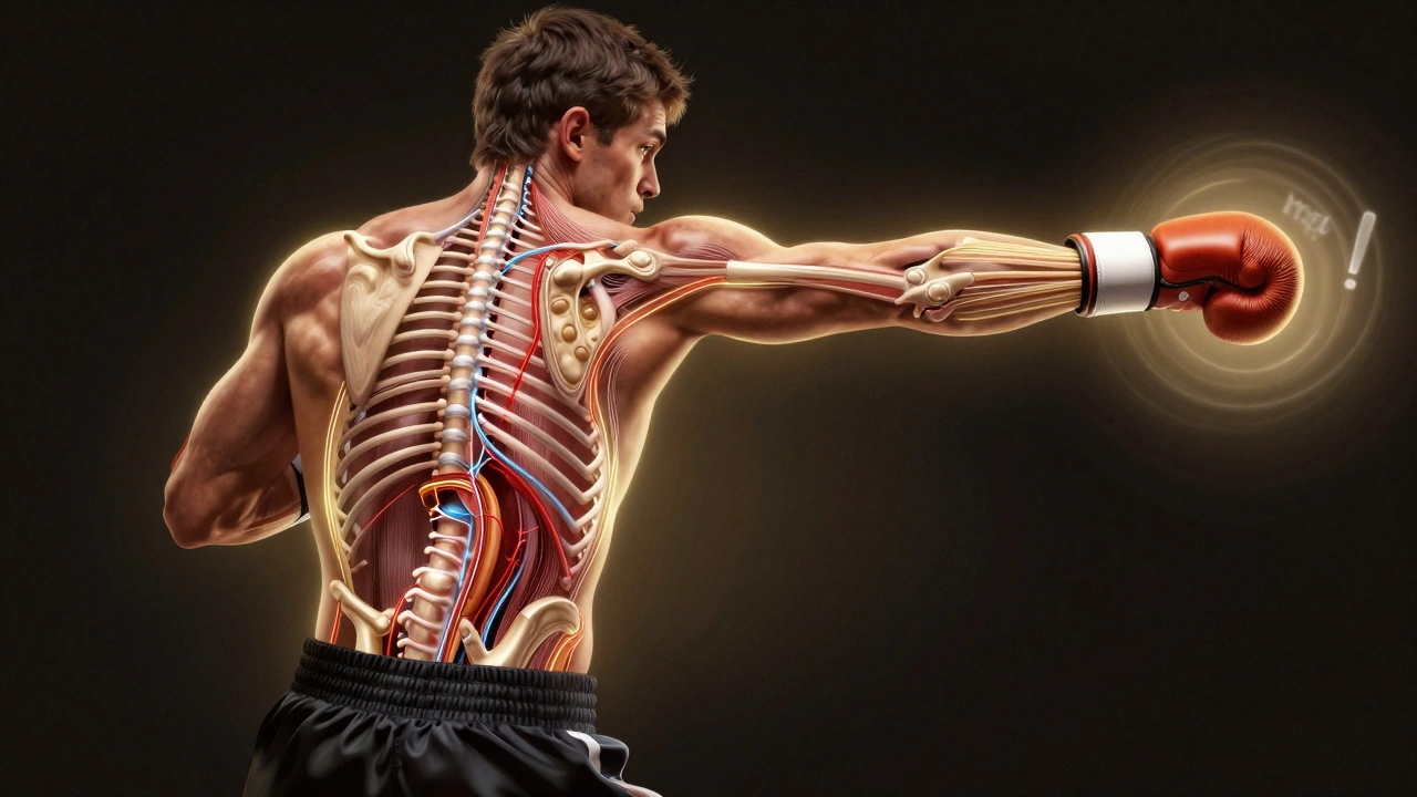 Схема передачи энергии в ударе: от ног до кулака с выдохом 'ха!'.