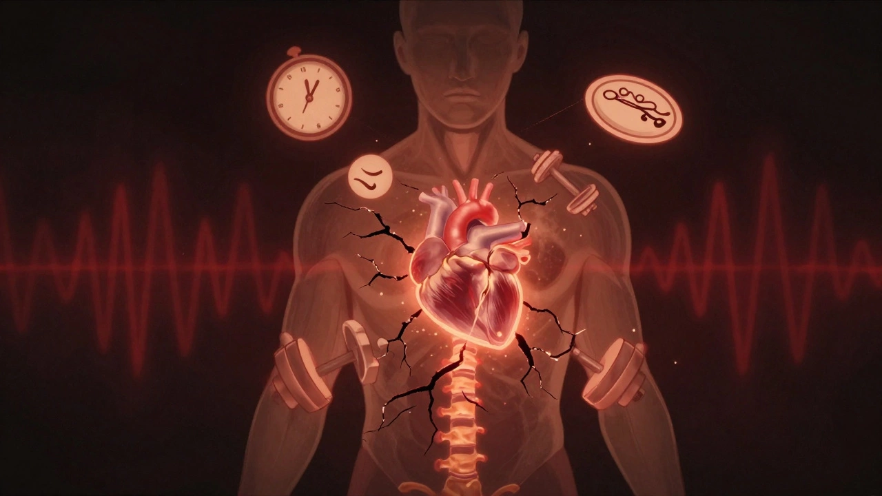 Схематичное изображение тела с трещиной от спины к сердцу, вокруг — символы сна, еды и перегрузки.
