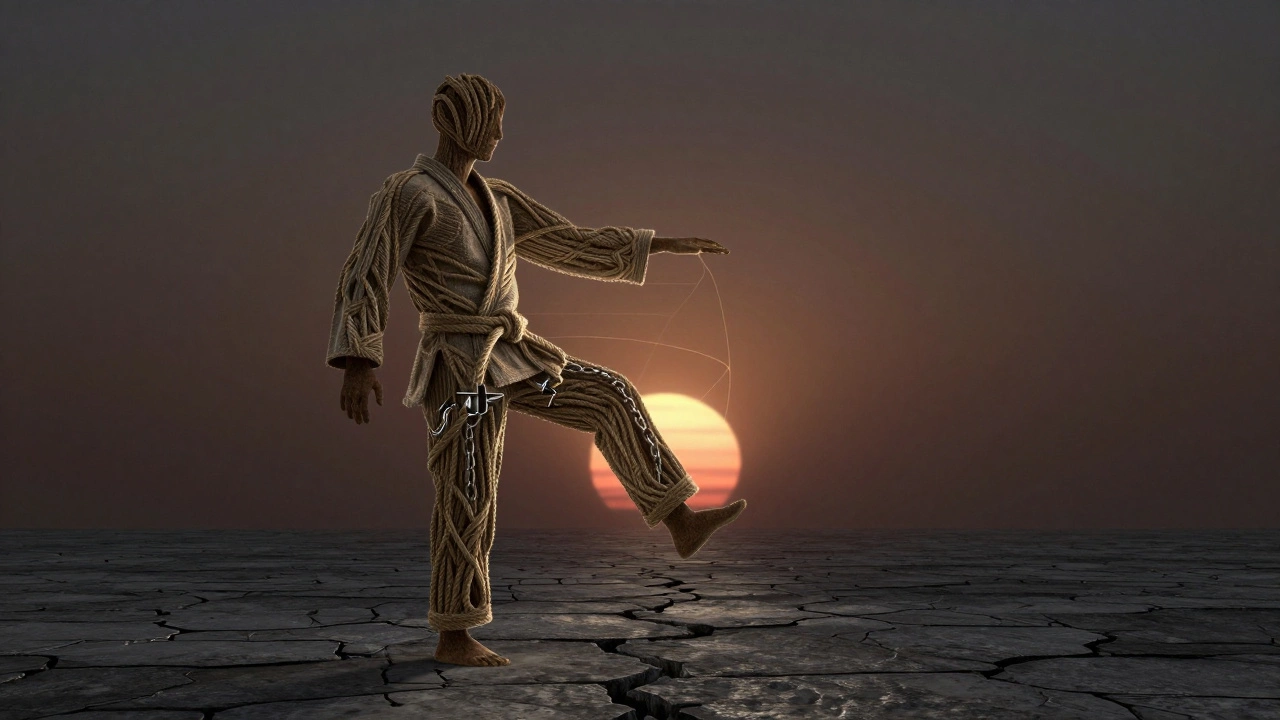 Силуэт человека из переплетённых верёвок и разорванных цепей, шагающий к рассвету, символ внутреннего роста.
