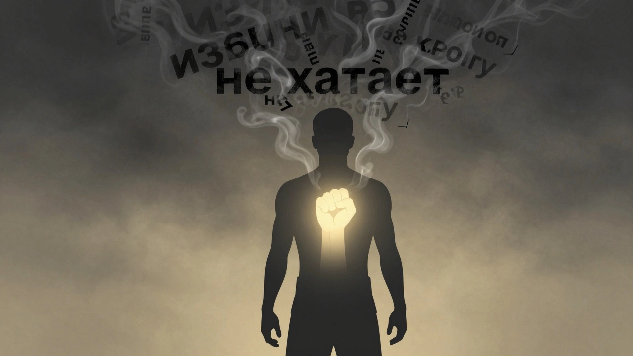 Силуэт человека, вокруг которого рассеиваются слова страха, из груди поднимается светящийся кулак.