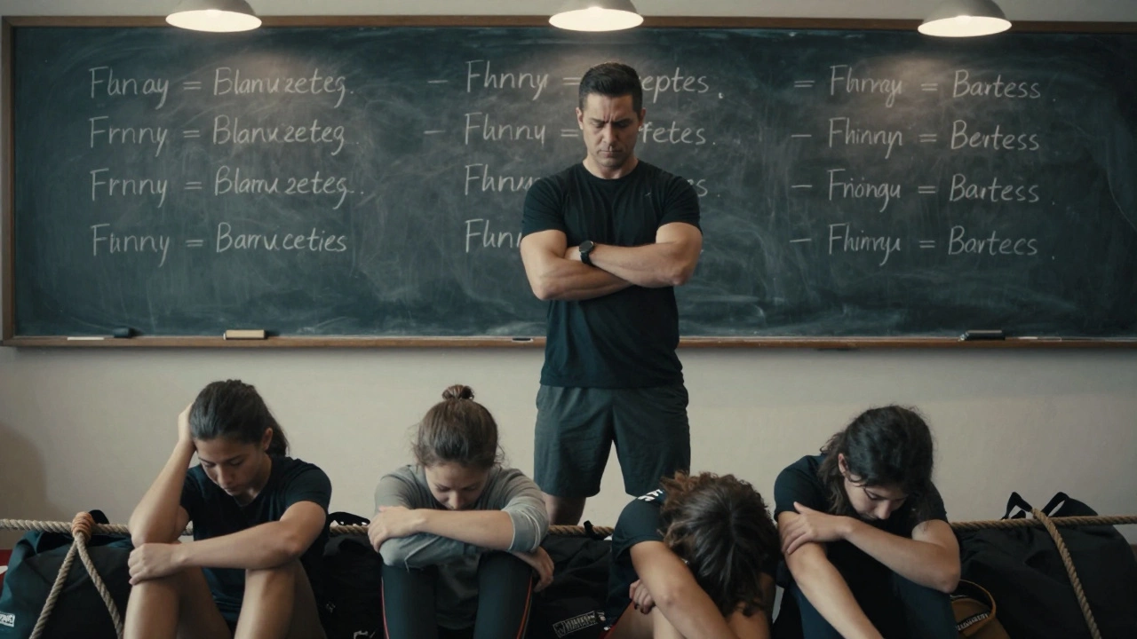 Тренер с скрещенными руками, ученики выглядят измотанными и больными.