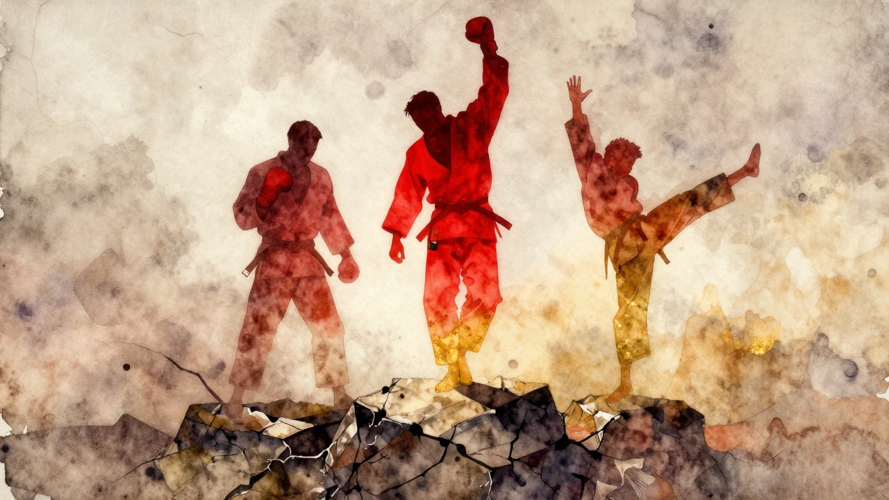 Три стиля боевых искусств сливаются в силуэт человека, символизируя переход от страха к уверенности.