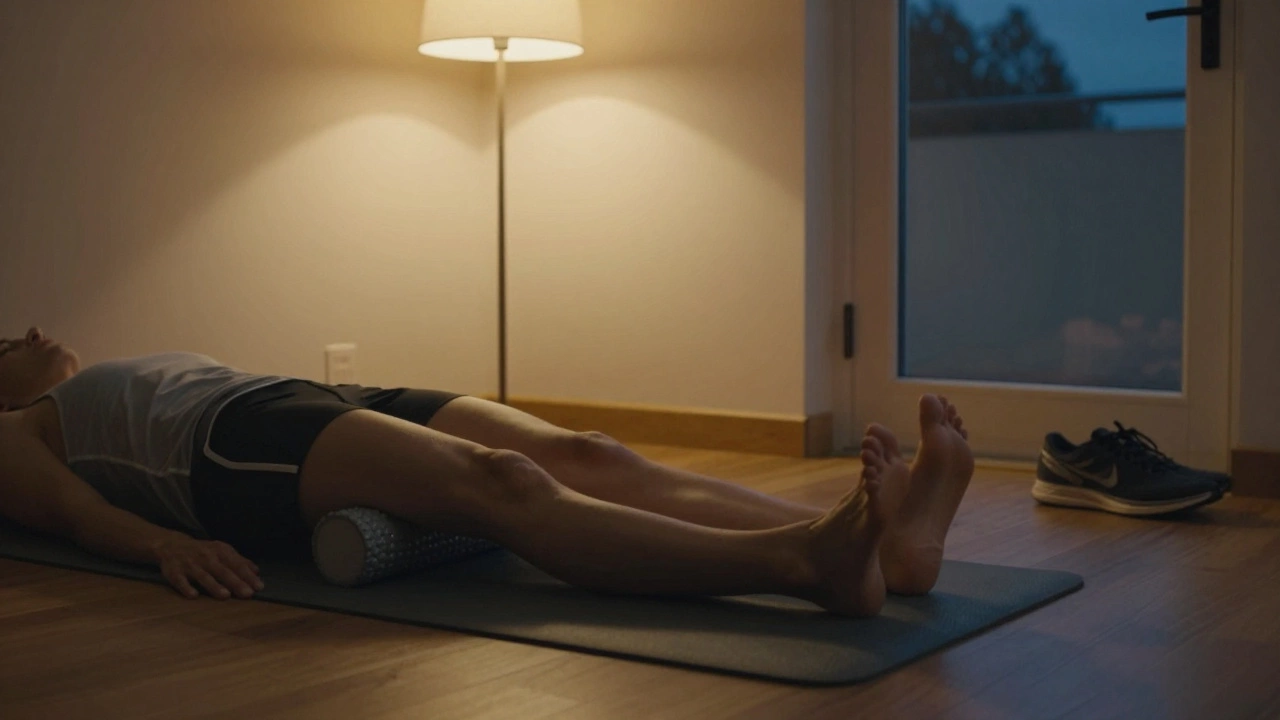 Восстановление после тренировки: человек растягивает ноги на коврике с роликом для массажа в тихой обстановке.