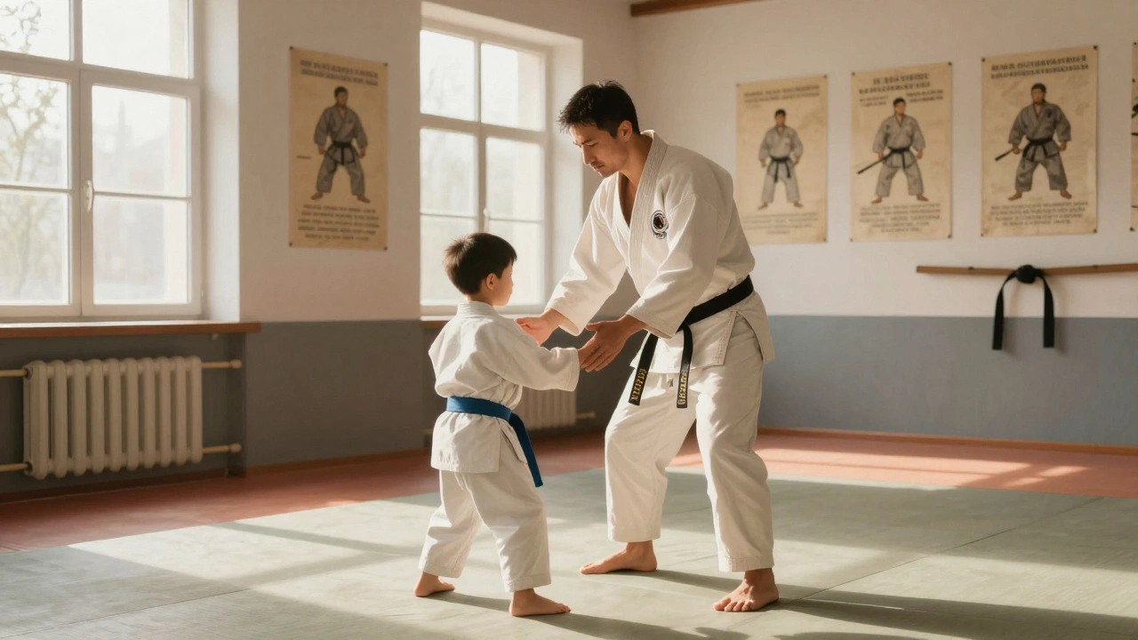 Взрослый тренер учит детей основам каратэ в скромном зале, передавая терпение и мудрость.