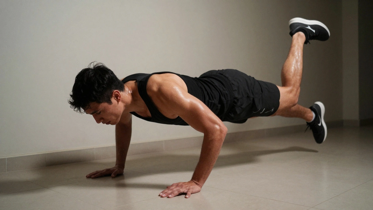 Взрывное упражнение: человек делает отжимание с хлопком и одновременно поднимает колено в беговом движении.