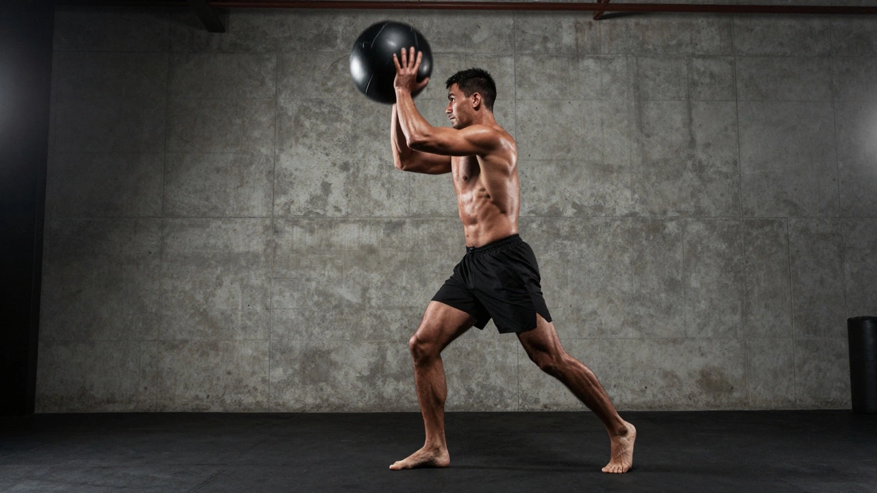 Боксёр кидает медбол с вращением корпуса, мышцы пресса напряжены.