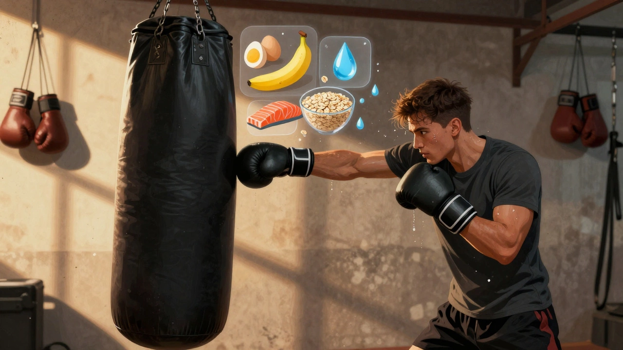 Боксер тренируется в гараже, вокруг него летят символы питательных веществ: яйцо, банан, лосось.