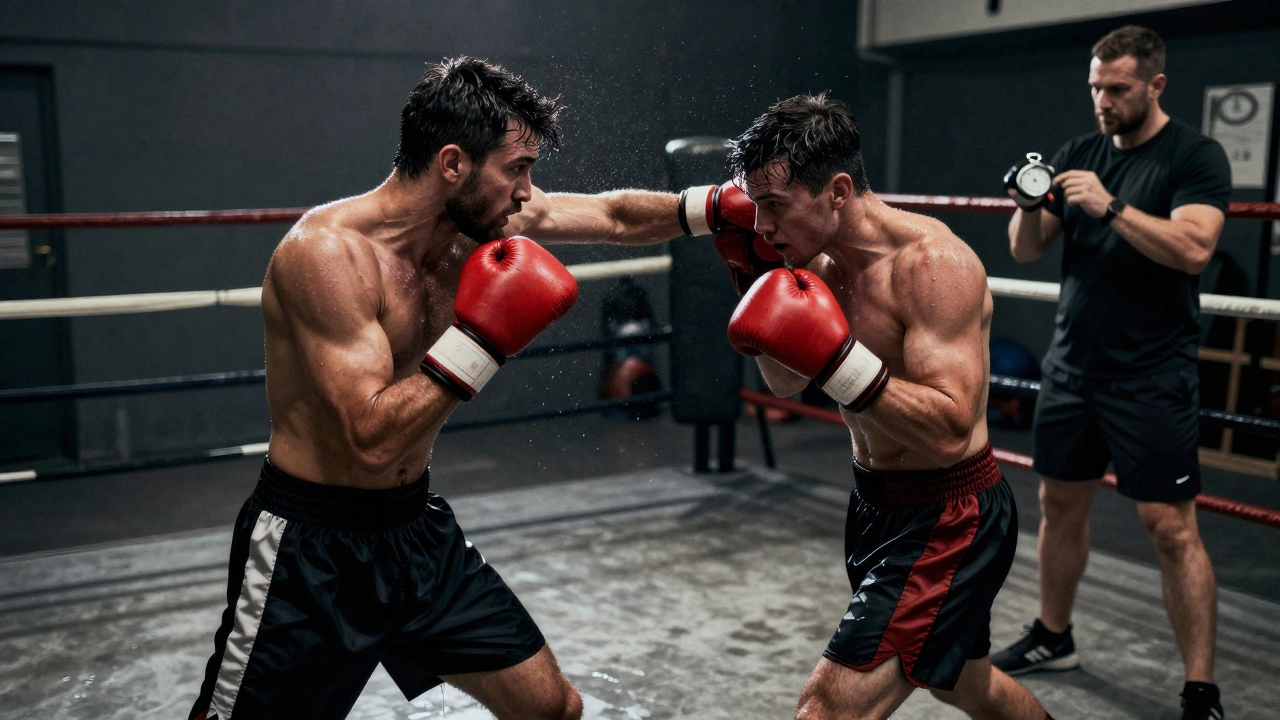 Боксер в зале наносит удары в течение длительного раунда, пот капает с лица.