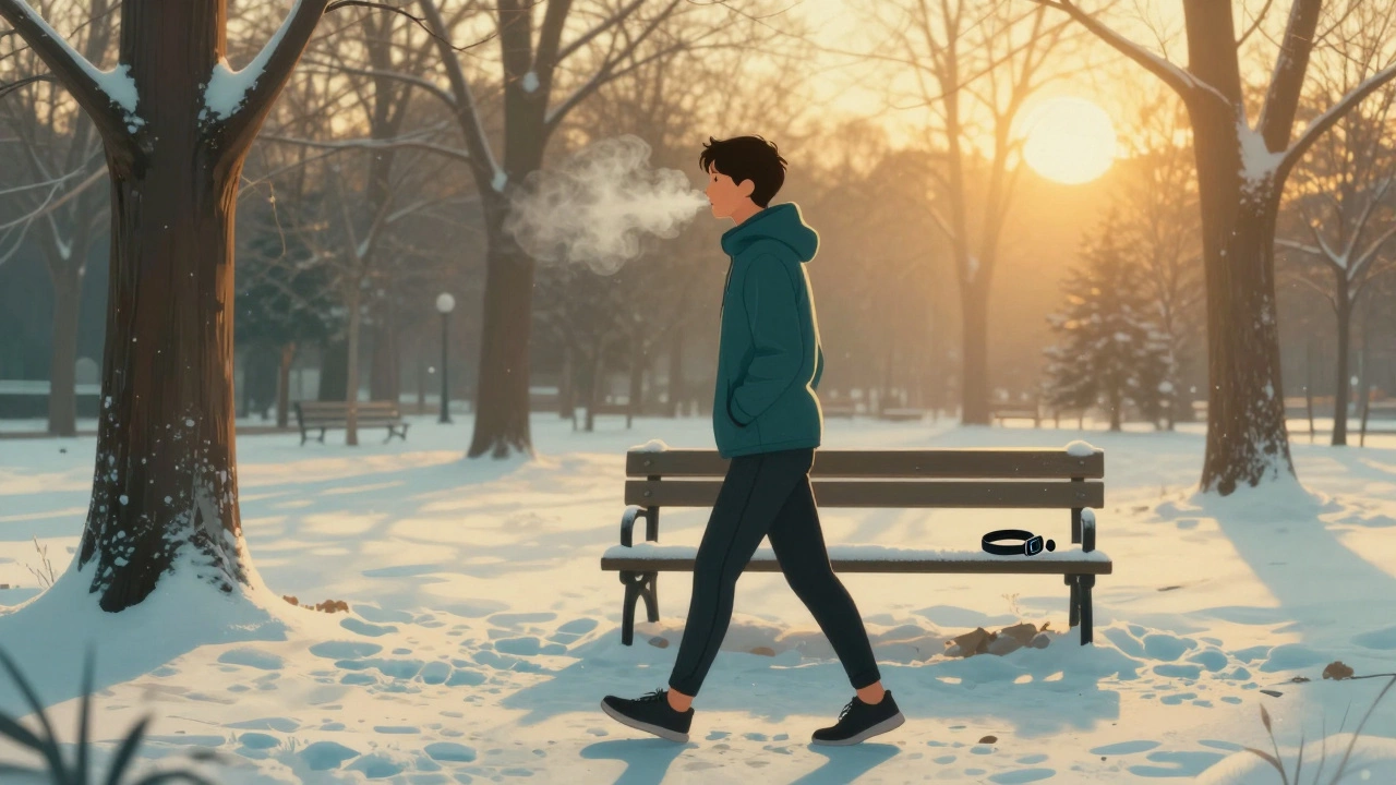 Человек медленно идет по зимному парку на рассвете, трекер оставлен на скамейке, солнце освещает деревья.